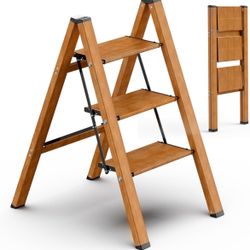 3 Step Ladder, Folding Step Stool with Anti-Slip Wide Sturdy Pedal, Multi-Use for Home and Kitchen Use, Space Saving-Woodgrain(300 lbs Capacity)