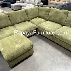 New Green Sectional And Ottoman, Corduroy Sectional, Sage Green Sofa, Couch, Sectional, Green Couch, Sofa And Ottoman, L-Shaped Couch, Sectionals,Sofa