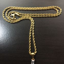 Gold Color Necklace With Crystal Pendant/Unisex/ 2mm W - 22” L