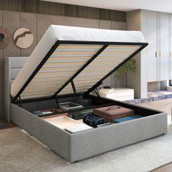 Queen Size Lift Up Hydraulic Storage Bed Frame, Platform Bed with Fabric Upholstered Wingback Headboard, No Box Spring Needed, Light Gray