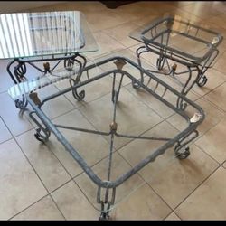 3 Piece Wrought Iron & Glass Coffee Table Set 