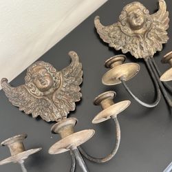 Pair Antique Cast Iron Angel Sconces Gothic Old World