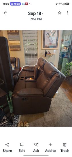 2 piece brown leather couch set
 Manual open all 4 ends recline. Storage and cup holder? Low seat70inch long couch78inch