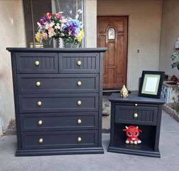 Pottery Barn 6 Drawer Solid Wood Upright Dresser with Single Drawer Nightstand- Black with Gold