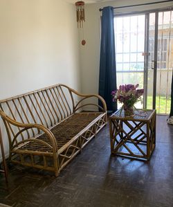 Rattan Bamboo Vintage Bench And Coffee Table