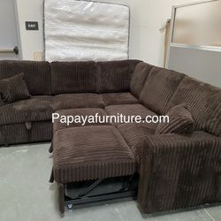 New! Plush Chocolate Sectional Sofa Bed With Storage, Brown Sectional, Sofa, Couch, Corduroy Sectional Couch With Pull-out Bed, Sofabed, Sleeper Sofa 