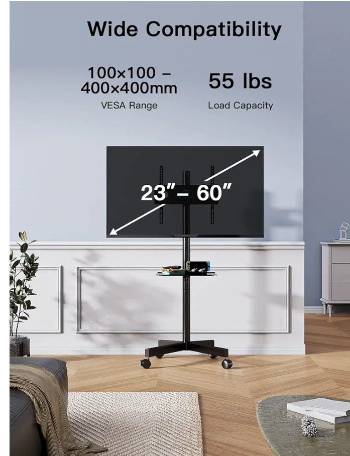 PERLESMITH Mobile TV Cart with Wheels for 23-60 Inch LCD LED OLED Flat Curved Screen Outdoor TVs Height Adjustable Shelf Floor Stand Holds up to 55lbs