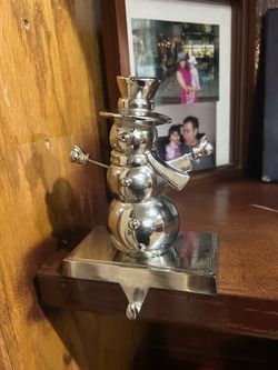 Snowman Silver Chrome Stocking Hangar Mantle Decorative Christmas Decor 8 inches