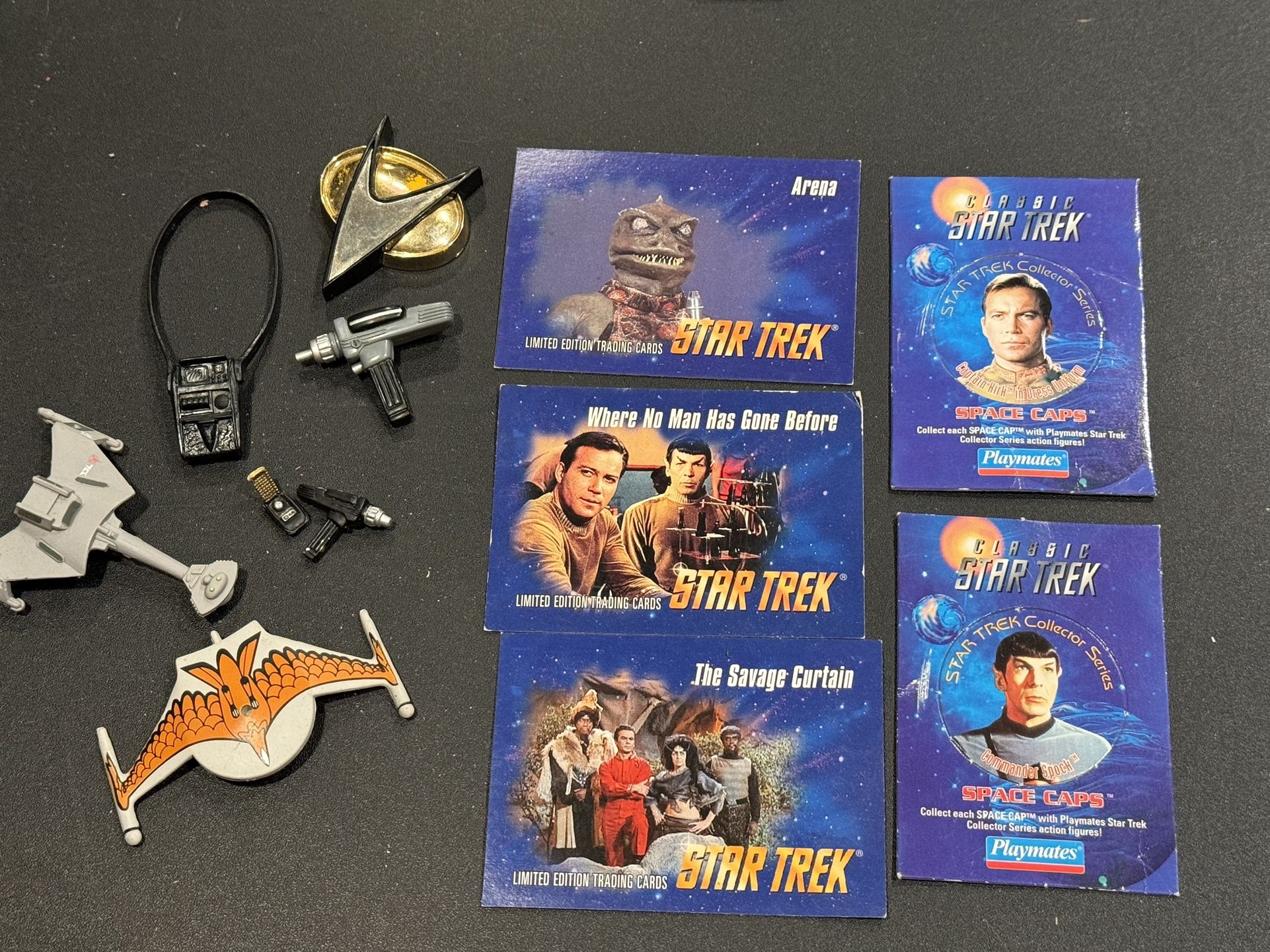 Vintage Star Trek items, includes 3 trading cards, 2 Space caps, 2 Klingon mini ships & Action Figure Accessories as shown!