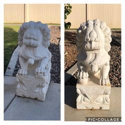 Original Pair Of Chinese Carved Marble Foo Dogs 36” Tall