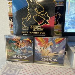 Crown Zenith ETB, Jap Tag team Remix bout booster box, Jap Tag team Sky legends booster box.