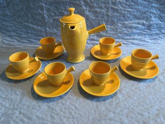 Rare Fiesta Ware  (Laughlin) Stick Handle Coffee Pot and Demitasse Cups+Saucers (6)