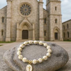 Handmade Cross Beaded Stretch Bracelet with Enamel Oval Charm – Unisex Religious Gift