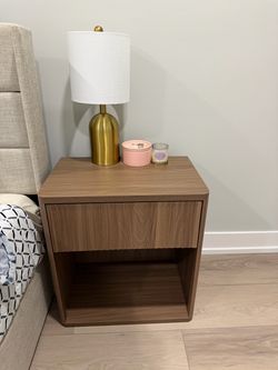 Modern Walnut Nightstand (x2) with Drawer and Shelf