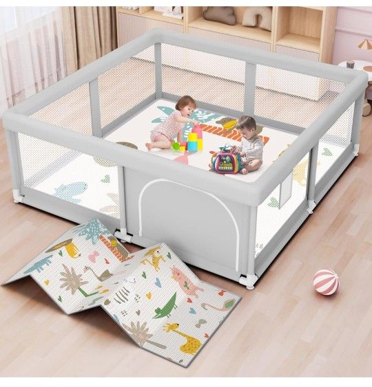 Baby Playpen with Mat 50x50 Inch, Play Pen for Babies and Toddlers with Gate, Baby Fence Sturdy Safety Playpen, Indoor & Outdoor Kids Activity Center