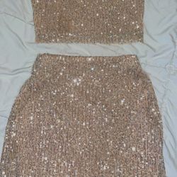 Nude Sequin Two Piece Skirt Set