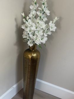 Tall Gold Metal Floor Vase with Geometric Pattern
