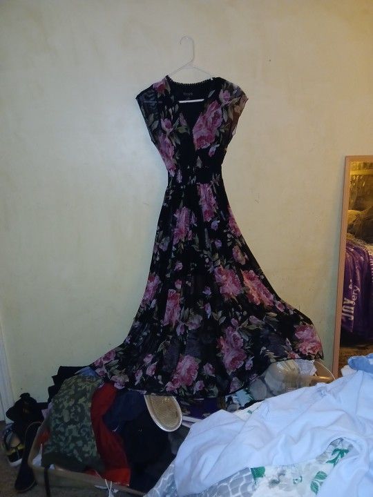 Floral Print Pink & Black Long Dress