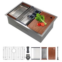 SANYCASA 30 Inch Undermount Kitchen Sink Superior Drain Kitchen Sinks 11 Gauge (3mm) Stainless Steel, Single Bowl Integrated Ledge Multifunctional Wor