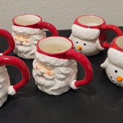 2 World Market 3D Santa Ceramic Mugs & 2 Threshold 3D Snowman Mugs