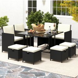 Brand New 9 Pieces Outdoor Dining Furniture Set, Space-Saving Wicker Rattan Chairs & Tempered Glass Table with Ottomans, Cushioned Seat, Patio Convers