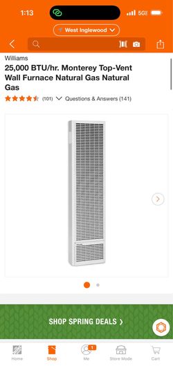 Williams 25,000 BTU/hr. Monterey Top-Vent Wall Furnace Natural Gas Natural Gas