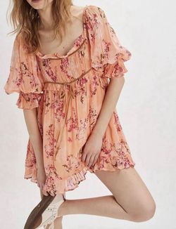 Free People Marney Peach Floral Mini Dress Xs Puff Sleeve Boho Peasant NWT!