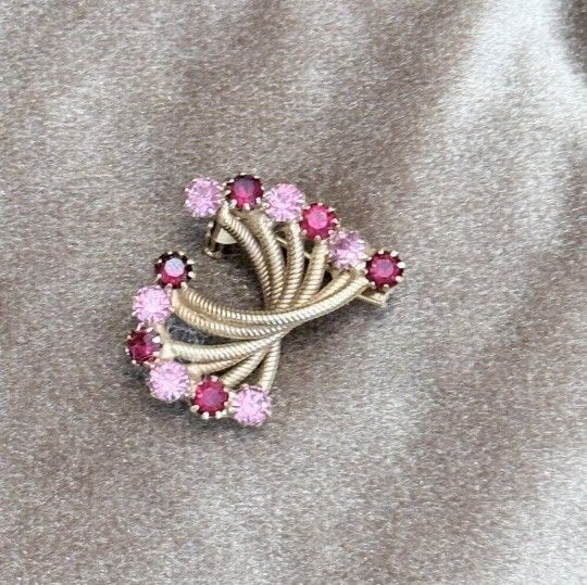 Vintage Rhinestone Pink and Red Brooch