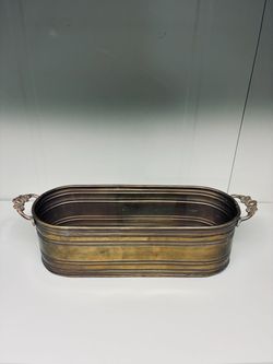 Vintage Brass Oval Planter Trough Tub Pot Cachepot w/ Floral Handles Patina 13”