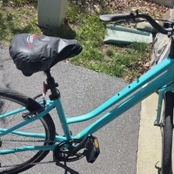Womens Specialized light teal bike with accessories