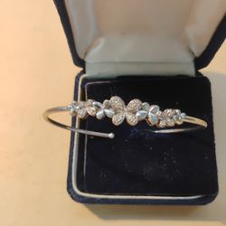Diamond Flower Sterling Silver Flex Bangle Bracelet
