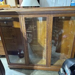 Antique Multi Shelf Parlor Cabinet with Framed Glass Doors 