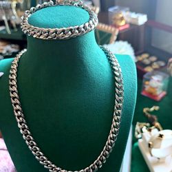 Cuban Link Chain Necklace Bracelet Set 925 Silver Plated Stainless Steel 20in