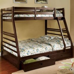 Brand New Espresso Twin Over Full Bunk Bed w Trundle Drawers 