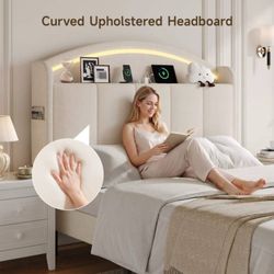 Headboard Queen Size with LED Light, Curved Chenille Headboards with Charging St