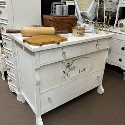 Antique Old White Buffet W/ Birds