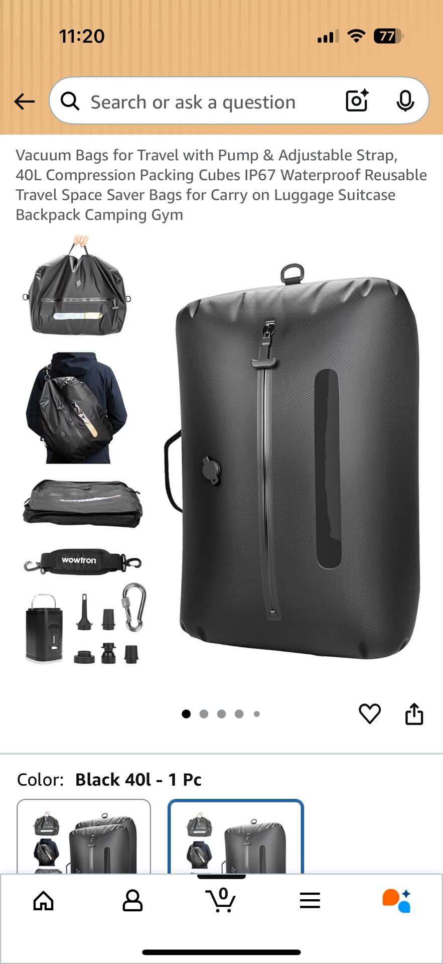 Vacuum Bags for Travel with Pump & Adjustable Strap, 40L Compression Packing Cubes IP67 Waterproof Reusable Travel Space Saver Bags for Carry on Lugga