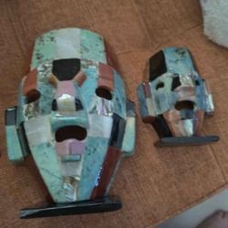 Vintage Handmade Mayan Aztec Mosaic Semi Precious Stone Burial Mask Mexican Folk Art Collectible Decor Abalone, Onyx, Turquoise Onyx,-