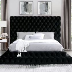 Black Queen Size Bed Step Up Modern Velvet Luxury Glam Bed Frame