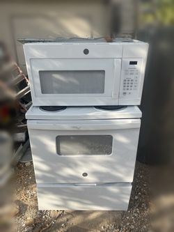GE White Electric Range and Over-the-Range Microwave
