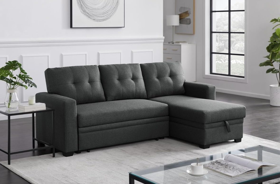 Devion Furniture L-Shaped Polyester Fabric Reversible, Easy Convertible Pull-Out Sleeper Sectional Sofa