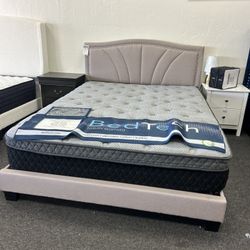 Queen Beige Platform Bed Frame 