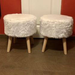 Padded Stool With Wooden Legs, White Faux Fur. Price Is For Each One 