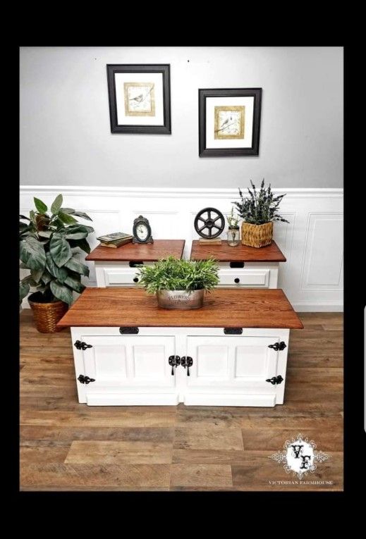 Vintage Amish white clad Ice Box End tables And coffee Table Set Rustic Farmhouse