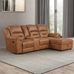 New Reclining Sectional Saddle Brown Leatherette.  104x68x42H.  Free Delivery!