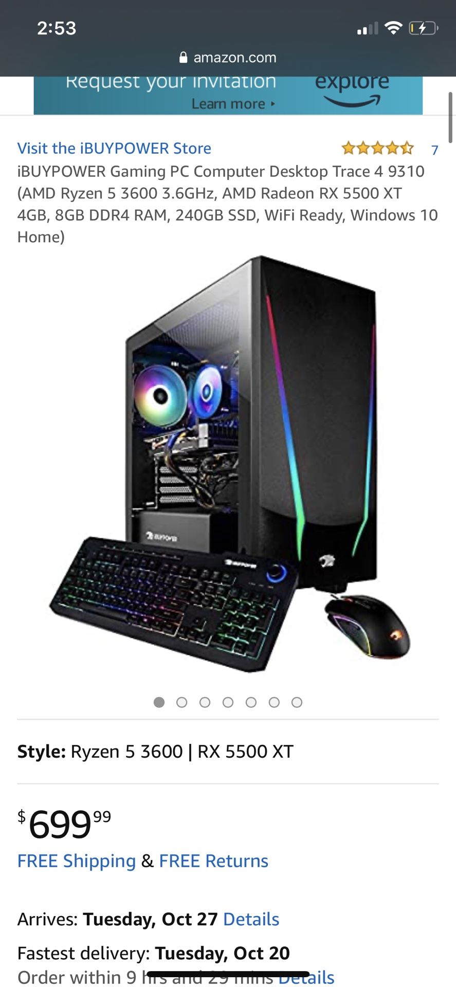 iBUYPOWER Gaming PC Computer Desktop Trace 4 9310 (AMD Ryzen 5 3600 3.6GHz, AMD Radeon RX 5500 XT 4GB, 8GB DDR4 RAM, 240GB SSD, WiFi Ready, Windows 10