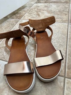 Rose Gold Flat Sandals with Ankle Strap