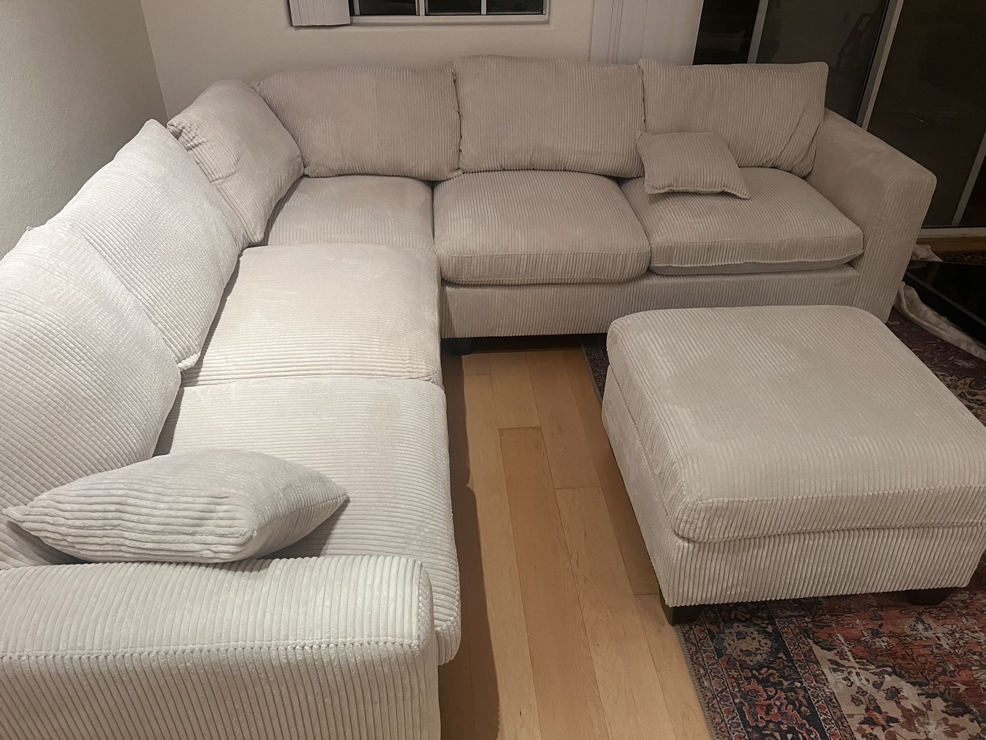 New Corduroy Fabric Sectional. Off White / Beige. 99” X 99”. Free Delivery!