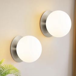 2 Pack Modern Brushed Nickel Wall Light Fixtures, Mid-Century Globe Glass Wall Sconces Set of Two for Bathroom Mirror, Living Room, Hallway, Entryway 