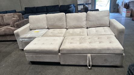 Beige velvet pull out bed couch